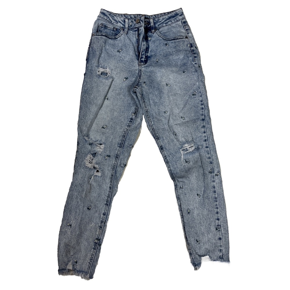 Material Girl Size 3 Bleached Daisy Ripped Skinny Jeans High Waisted Raw Hen